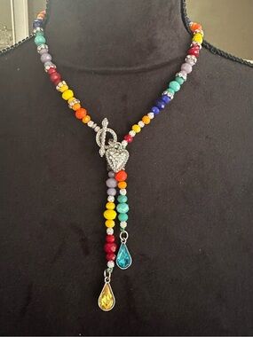 Hand Crafted Multicolor Beaded Necklace with Heart Toggle and Teardrop Drops